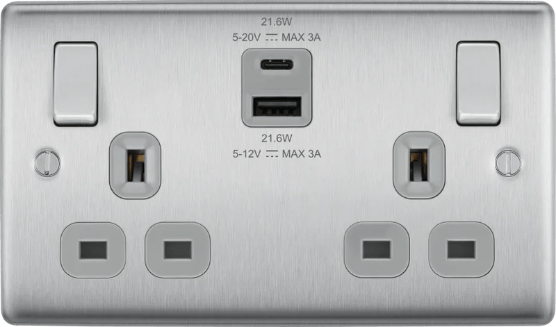 BG NBS22UAC22G Double switched single pole, with USB A + C (22W) - BG - Falcon Electrical