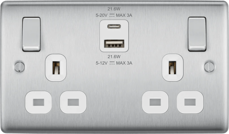 BG NBS22UAC22W Double switched single pole, with USB A + C (22W) - BG - Falcon Electrical