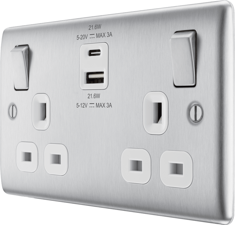 BG NBS22UAC22W Double switched single pole, with USB A + C (22W) - BG - Falcon Electrical