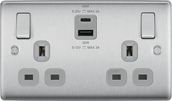 BG NBS22UAC45G Nexus Metal Brushed Steel Double 13A Socket with Type A and C Charger 45W - BG - Falcon Electrical