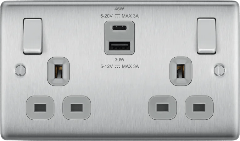 BG NBS22UAC45G Nexus Metal Brushed Steel Double 13A Socket with Type A and C Charger 45W - BG - Falcon Electrical