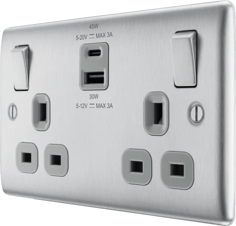 BG NBS22UAC45G Nexus Metal Brushed Steel Double 13A Socket with Type A and C Charger 45W - BG - Falcon Electrical