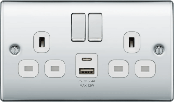 BG NPC22UAC12W Double switched single pole, with USB A + C (12W) - BG - Falcon Electrical