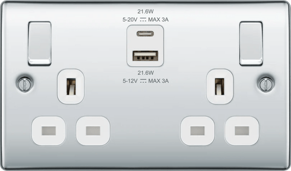 BG NPC22UAC22W Double switched single pole, with USB A + C (22W) - BG - Falcon Electrical