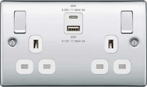 BG NPC22UAC45W Double switched single pole, with USB A + C (45W) - BG - Falcon Electrical