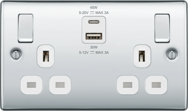 BG NPC22UAC45W Double switched single pole, with USB A + C (45W) - BG - Falcon Electrical