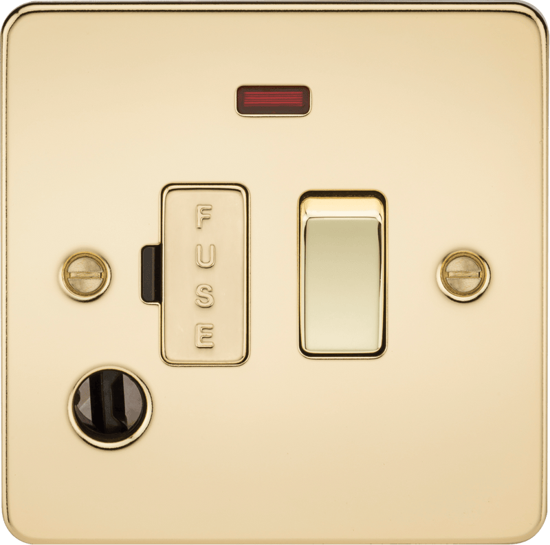 Knightsbridge MLA FP6300FPB Flat Plate 13A switched fused spur unit with neon and flex outlet - polished brass - Knightsbridge MLA - Falcon Electrical UK