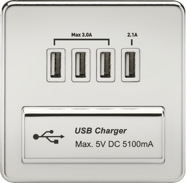 Knightsbridge MLA SFQUADPCW Screwless Quad USB Charger Outlet (5.1A) - Polished Chrome with White Insert - Knightsbridge MLA - Falcon Electrical UK