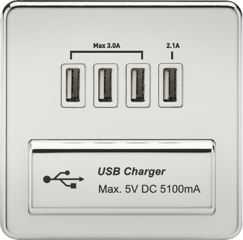 Knightsbridge MLA SFQUADPCW Screwless Quad USB Charger Outlet (5.1A) - Polished Chrome with White Insert - Knightsbridge MLA - Falcon Electrical UK