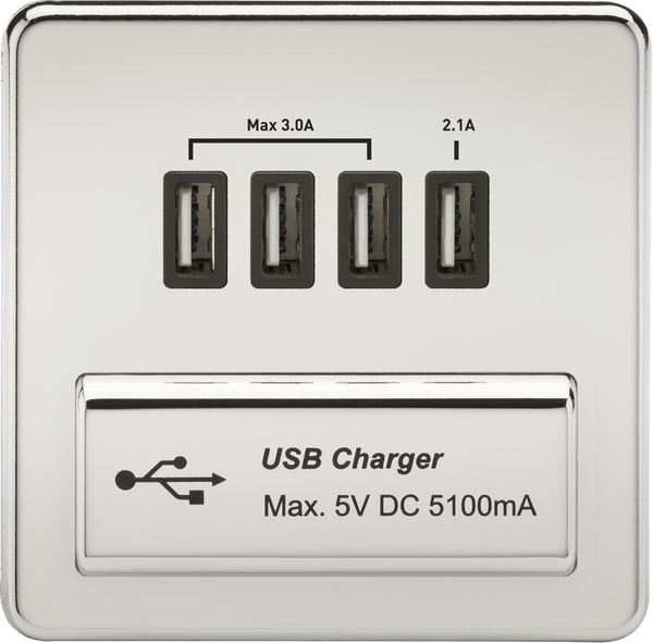 Knightsbridge MLA SFQUADPC Screwless Quad USB Charger Outlet (5.1A) - Polished Chrome with Black Insert - Knightsbridge MLA - Falcon Electrical UK