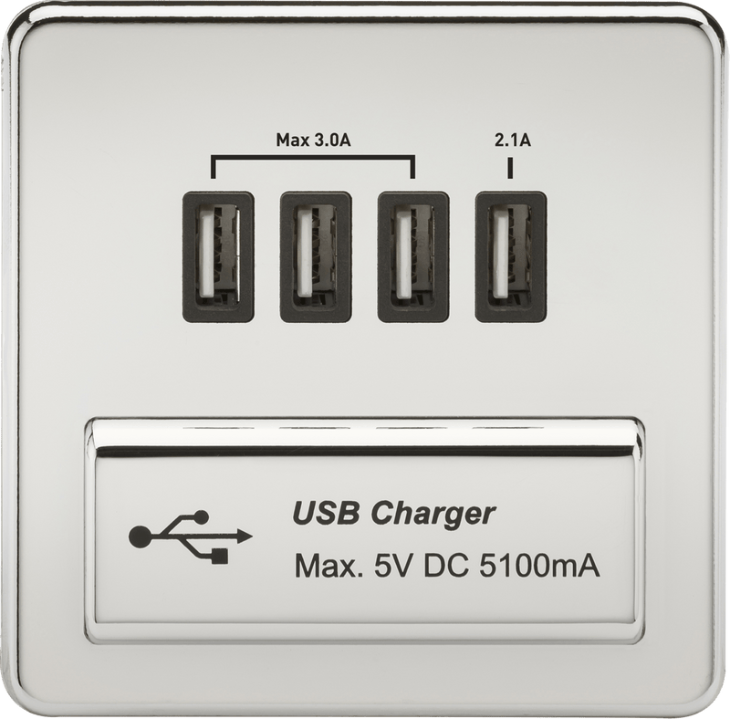 Knightsbridge MLA SFQUADPC Screwless Quad USB Charger Outlet (5.1A) - Polished Chrome with Black Insert - Knightsbridge MLA - Falcon Electrical UK