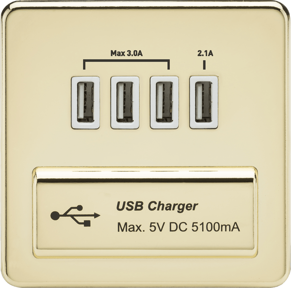 Knightsbridge MLA SFQUADPBW Screwless Quad USB Charger Outlet (5.1A) - Polished Brass with White Insert - Knightsbridge MLA - Falcon Electrical UK