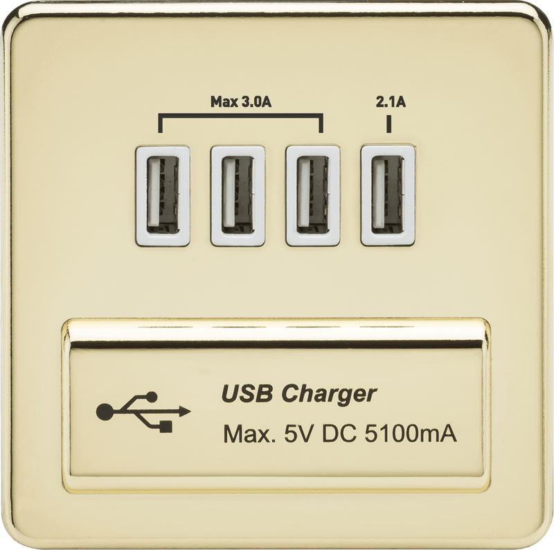 Knightsbridge MLA SFQUADPBW Screwless Quad USB Charger Outlet (5.1A) - Polished Brass with White Insert - Knightsbridge MLA - Falcon Electrical UK