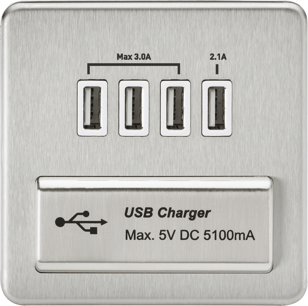 Knightsbridge MLA SFQUADBCW Screwless Quad USB Charger Outlet (5.1A) - Brushed Chrome with White Insert - Knightsbridge MLA - Falcon Electrical UK