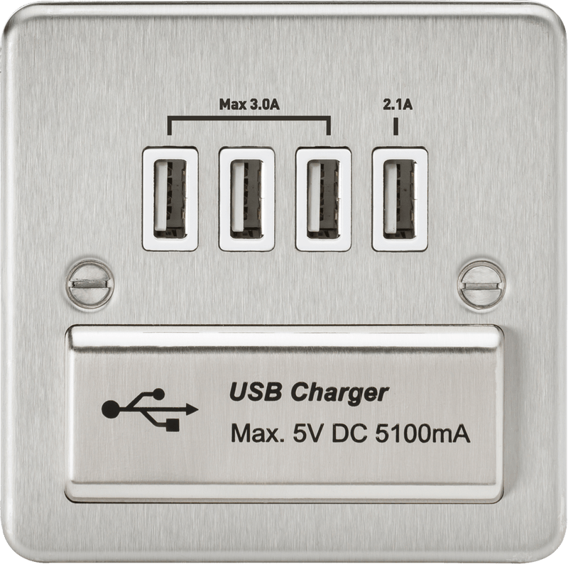 Knightsbridge MLA FPQUADBCW Flat Plate Quad USB charger outlet - Brushed chrome with white insert - Knightsbridge MLA - Falcon Electrical UK