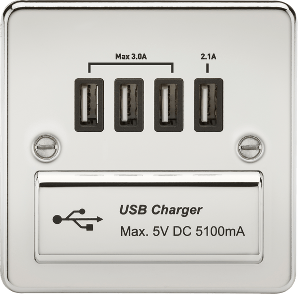 Knightsbridge MLA FPQUADPC Flat Plate Quad USB charger outlet - Polished chrome with black insert - Knightsbridge MLA - Falcon Electrical UK