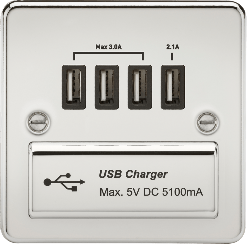 Knightsbridge MLA FPQUADPC Flat Plate Quad USB charger outlet - Polished chrome with black insert - Knightsbridge MLA - Falcon Electrical UK