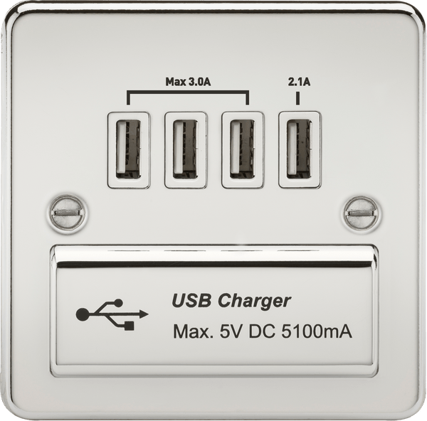 Knightsbridge MLA FPQUADPCW Flat Plate Quad USB charger outlet - Polished chrome with white insert - Knightsbridge MLA - Falcon Electrical UK