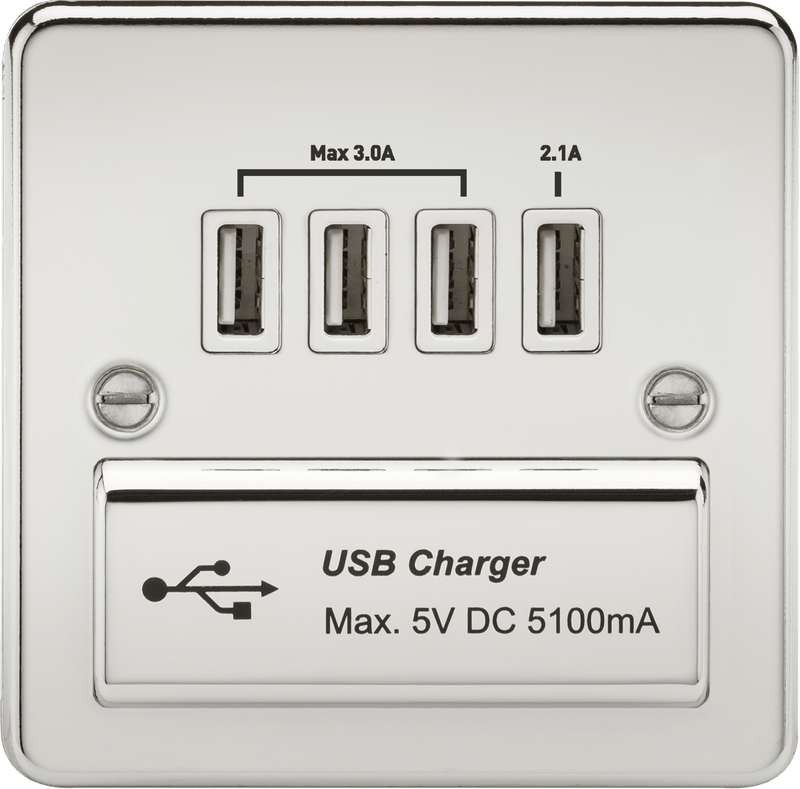 Knightsbridge MLA FPQUADPCW Flat Plate Quad USB charger outlet - Polished chrome with white insert - Knightsbridge MLA - Falcon Electrical UK