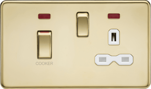 Knightsbridge MLA SFR83MNPBW 45A DP switch and 13A switched socket with neons - polished brass with white insert - Knightsbridge MLA - Falcon Electrical UK