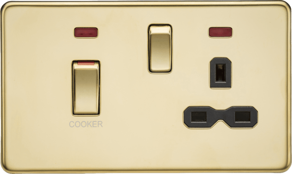 Knightsbridge MLA SFR83MNPB 45A DP switch and 13A switched socket with neons - polished brass with black insert - Knightsbridge MLA - Falcon Electrical UK