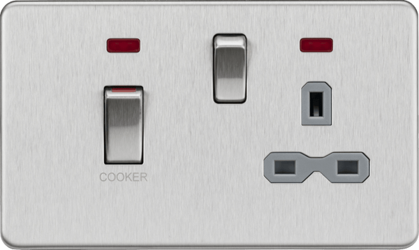 Knightsbridge MLA SFR83MNBCG 45A DP switch and 13A switched socket with neons - brushed chrome with grey insert - Knightsbridge MLA - Falcon Electrical UK