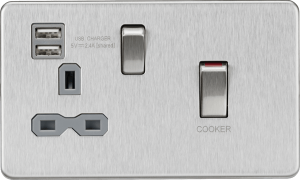 Knightsbridge MLA SFR83UMBCG 45A DP Switch and 13A switched socket with dual USB charger - brushed chrome with grey insert - Knightsbridge MLA - Falcon Electrical UK