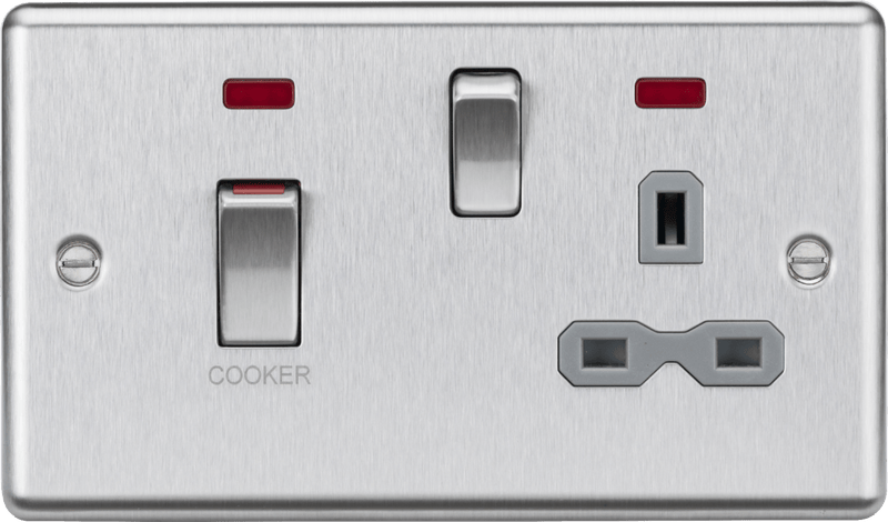 Knightsbridge MLA CL83MNBCG 45A DP switch and 13A switched socket with neons - brushed chrome with grey insert - Knightsbridge MLA - Falcon Electrical UK