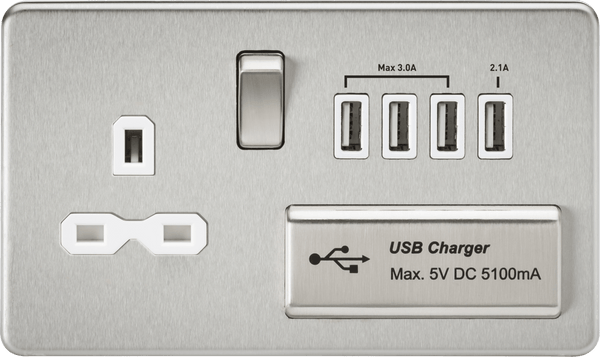 Knightsbridge MLA SFR7USB4BCW Screwless 13A switched socket with quad USB charger (5.1A) - brushed chrome with white insert - Knightsbridge MLA - Falcon Electrical UK