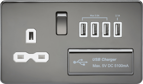 Knightsbridge MLA SFR7USB4BNW Screwless 13A switched socket with quad USB charger (5.1A) - black nickel with white insert - Knightsbridge MLA - Falcon Electrical UK