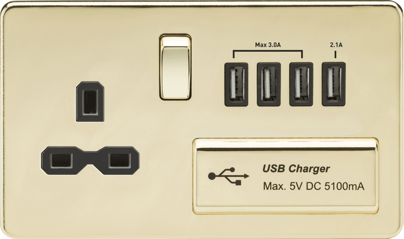 Knightsbridge MLA SFR7USB4PB Screwless 13A switched socket with quad USB charger (5.1A) - polished brass with black insert - Knightsbridge MLA - Falcon Electrical UK