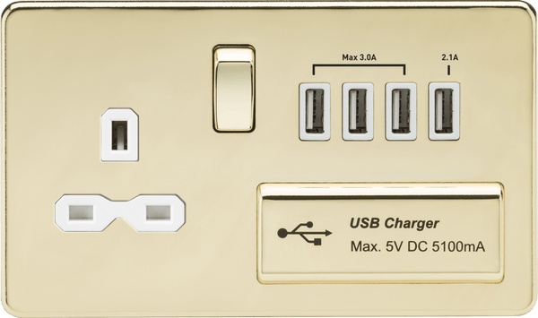 Knightsbridge MLA SFR7USB4PBW Screwless 13A switched socket with quad USB charger (5.1A) - polished brass with white insert - Knightsbridge MLA - Falcon Electrical UK