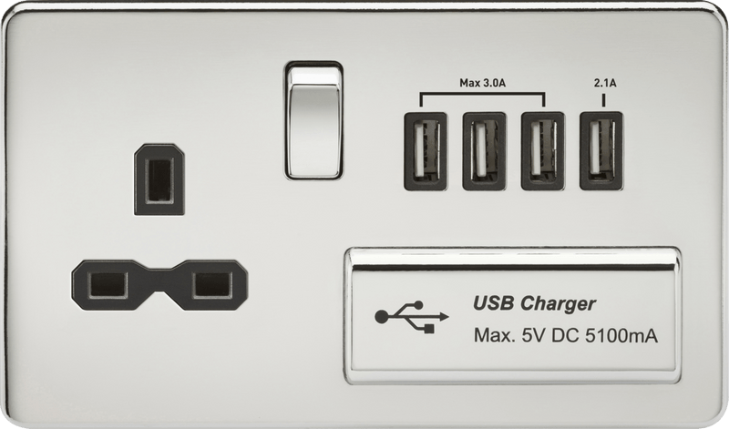 Knightsbridge MLA SFR7USB4PC Screwless 13A switched socket with quad USB charger (5.1A) - polished chrome with black insert - Knightsbridge MLA - Falcon Electrical UK