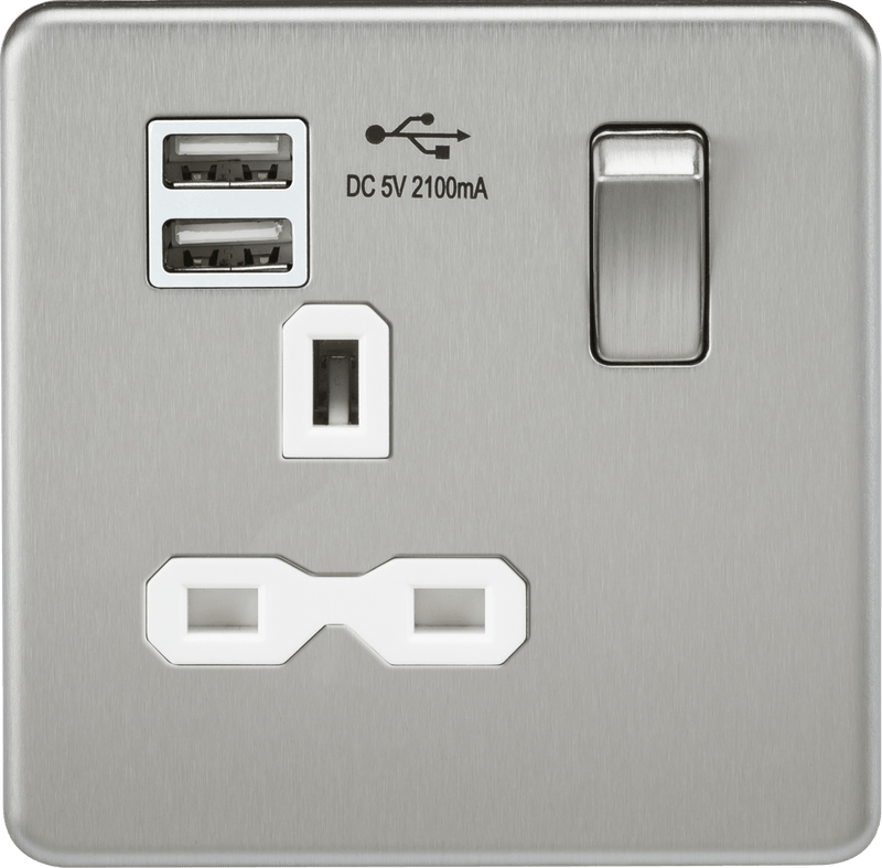 Knightsbridge MLA SFR9901BCW Screwless 13A 1G switched socket with dual USB charger (2.1A) - brushed chrome with white insert - Knightsbridge MLA - Falcon Electrical UK