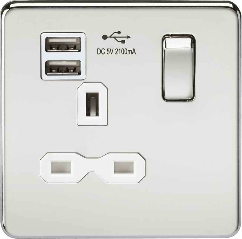 Knightsbridge MLA SFR9901PCW Screwless 13A 1G switched socket with dual USB charger (2.1A) - polished chrome with white insert - Knightsbridge MLA - Falcon Electrical UK