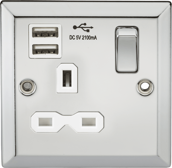 Knightsbridge MLA CV91PCW 13A 1G Switched Socket Dual USB Charger Slots with White Insert - Bevelled Edge Polished Chrome - Knightsbridge MLA - Falcon Electrical UK