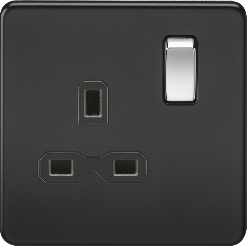 Knightsbridge MLA SFR7000MB Screwless 13A 1G DP switched socket - matt black with black insert and chrome rockers - Knightsbridge MLA - Falcon Electrical UK