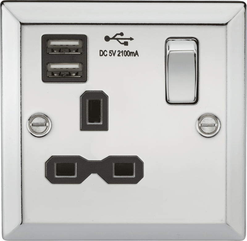 Knightsbridge MLA CV91PC 13A 1G Switched Socket Dual USB Charger Slots with Black Insert - Bevelled Edge Polished Chrome - Knightsbridge MLA - Falcon Electrical UK