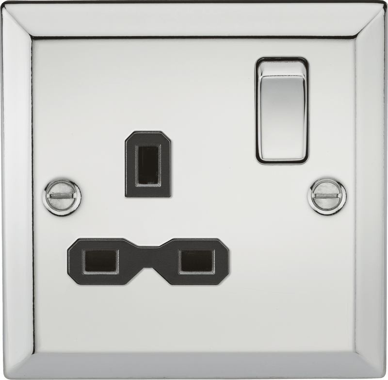 Knightsbridge MLA CV7PC 13A 1G DP Switched Socket with Black Insert - Bevelled Edge Polished Chrome - Knightsbridge MLA - Falcon Electrical UK