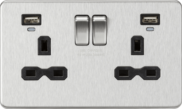 Knightsbridge MLA SFR9904NBC 13A 2G Switched Socket, Dual USB (2.4A) with LED Charge Indicators - Brushed Chrome w/black insert - Knightsbridge MLA - Falcon Electrical UK