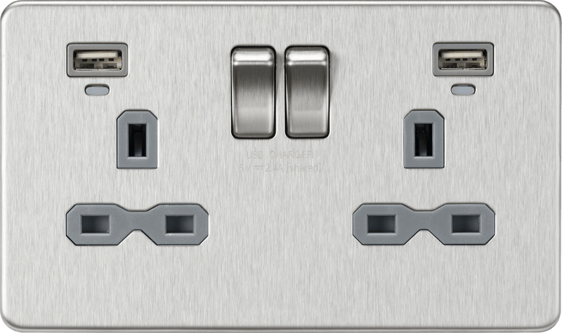 Knightsbridge MLA SFR9904NBCG 13A 2G Switched Socket, Dual USB (2.4A) with LED Charge Indicators - Brushed Chrome w/grey insert - Knightsbridge MLA - Falcon Electrical UK