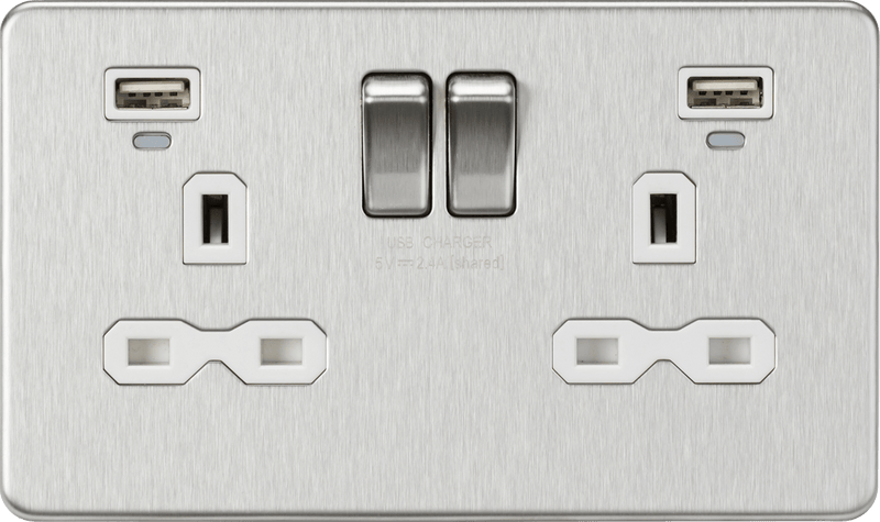 Knightsbridge MLA SFR9904NBCW 13A 2G Switched Socket, Dual USB (2.4A) with LED Charge Indicators - Brushed Chrome w/white insert - Knightsbridge MLA - Falcon Electrical UK