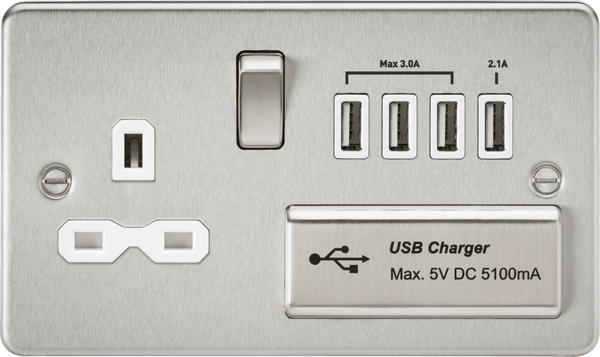 Knightsbridge MLA FPR7USB4BCW Flat plate 13A switched socket with quad USB charger - brushed chrome with white insert - Knightsbridge MLA - Falcon Electrical UK