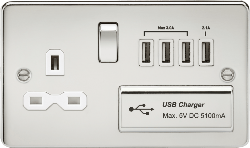 Knightsbridge MLA FPR7USB4PCW Flat plate 13A switched socket with quad USB charger - polished chrome with white insert - Knightsbridge MLA - Falcon Electrical UK