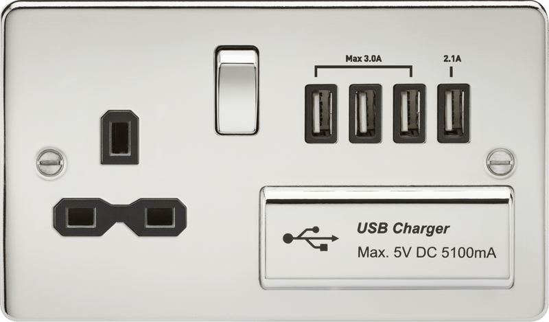 Knightsbridge MLA FPR7USB4PC Flat plate 13A switched socket with quad USB charger - polished chrome with black insert - Knightsbridge MLA - Falcon Electrical UK