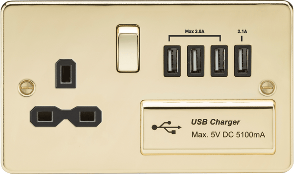 Knightsbridge MLA FPR7USB4PB Flat plate 13A switched socket with quad USB charger - polished brass with black insert - Knightsbridge MLA - Falcon Electrical UK