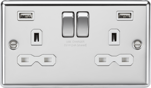 Knightsbridge MLA CL9224PCW 13A 2G switched socket with dual USB charger A + A (2.4A) - Polished chrome with white insert - Knightsbridge MLA - Falcon Electrical UK