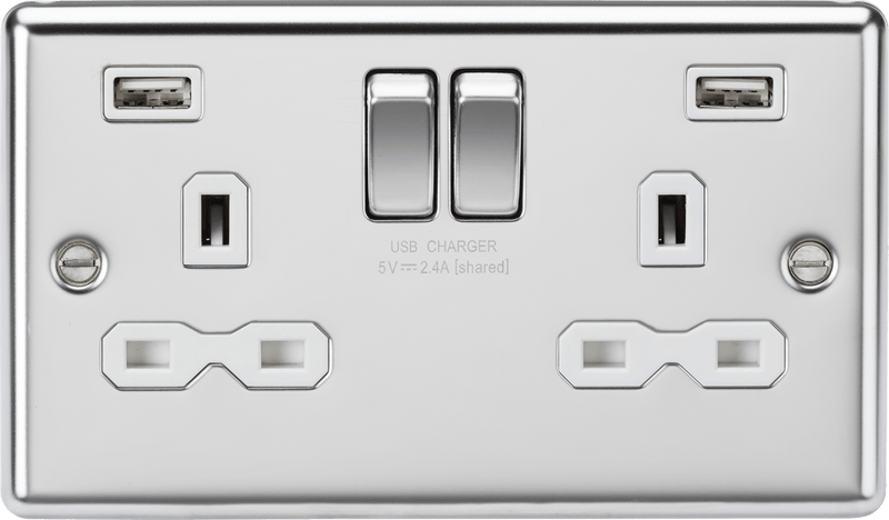 Knightsbridge MLA CL9224PCW 13A 2G switched socket with dual USB charger A + A (2.4A) - Polished chrome with white insert - Knightsbridge MLA - Falcon Electrical UK