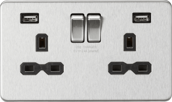 Knightsbridge MLA SFR9224BC 13A 2G switched socket with dual USB charger A + A (2.4A) - Brushed chrome with black insert - Knightsbridge MLA - Falcon Electrical UK