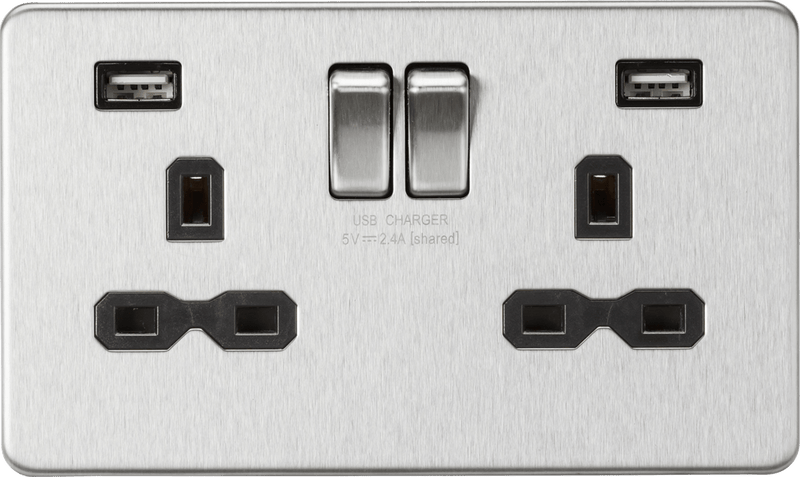 Knightsbridge MLA SFR9224BC 13A 2G switched socket with dual USB charger A + A (2.4A) - Brushed chrome with black insert - Knightsbridge MLA - Falcon Electrical UK